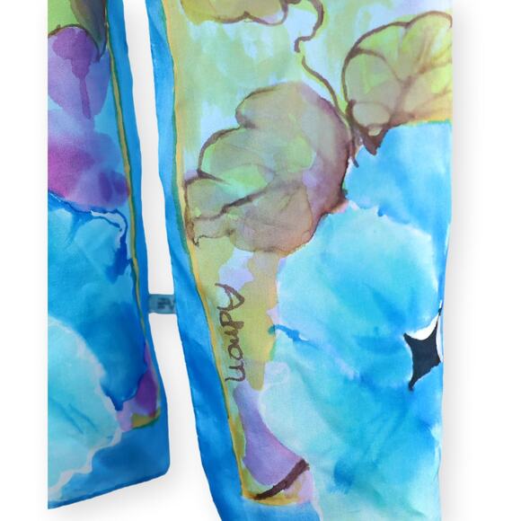 Adron Watercolor Blue Yellow Pink Silk Narrow Rectangle Scarf - Picture 6 of 7